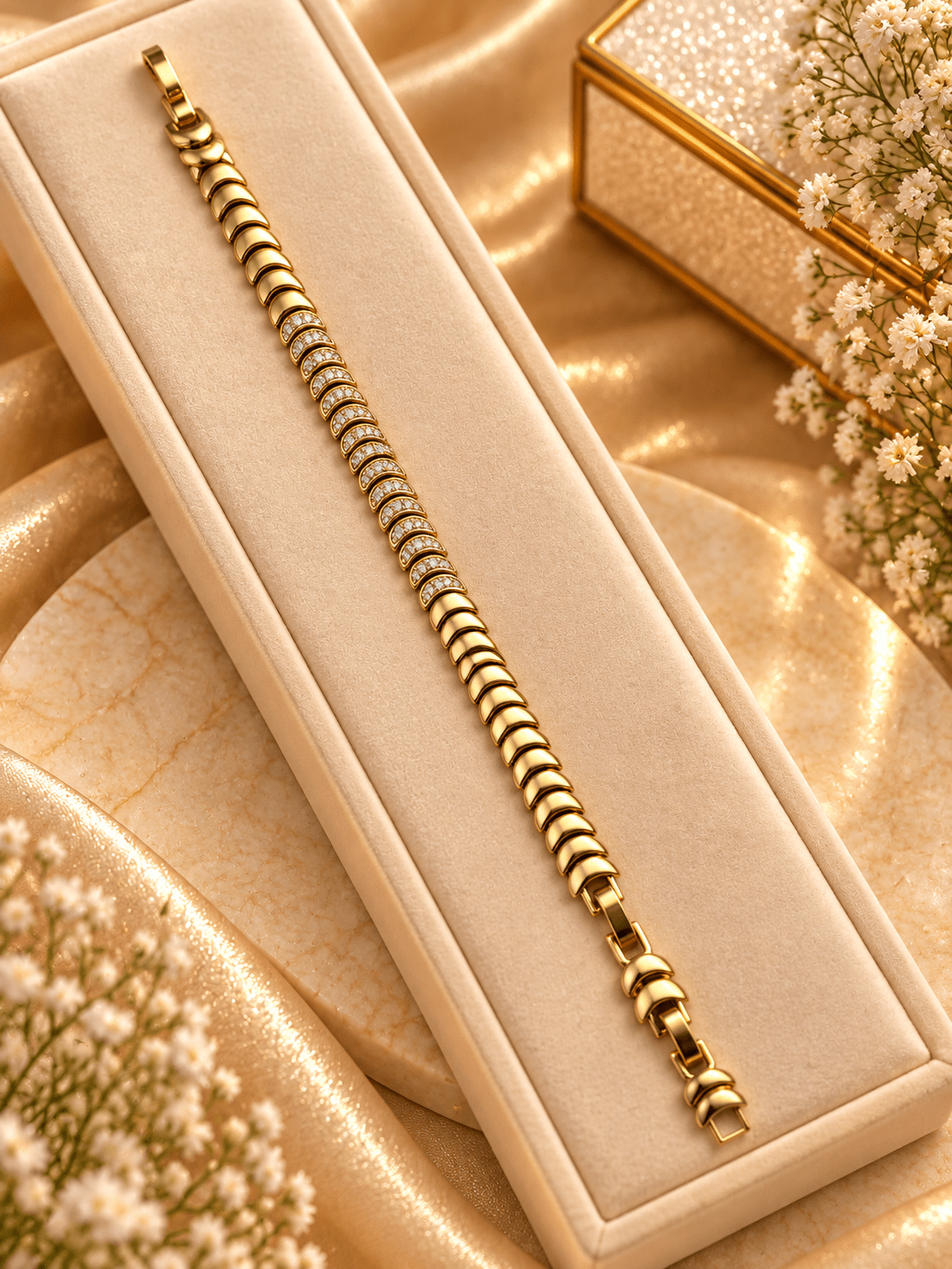 Bhavmayi golden link bracelet with curved embellished motifs, geometric clear accents and a visible clasp