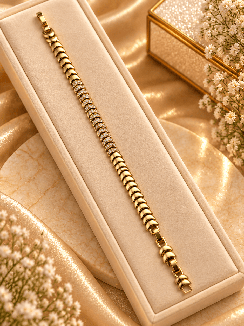 Bhavmayi golden link bracelet with curved embellished motifs, geometric clear accents and a visible clasp