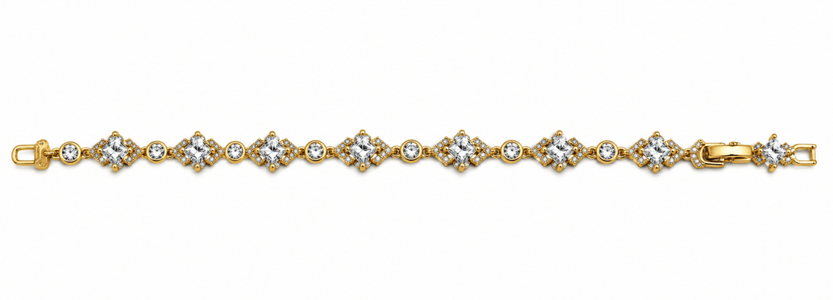 Bhavmayi golden link bracelet with curved embellished motifs, geometric clear accents and a visible clasp