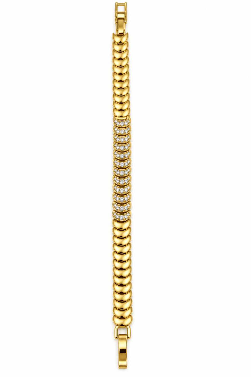 Bhavmayi golden link bracelet with curved embellished motifs, geometric clear accents and a visible clasp