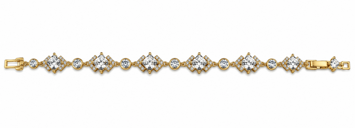 Bhavmayi golden link bracelet with curved embellished motifs, geometric clear accents and a visible clasp