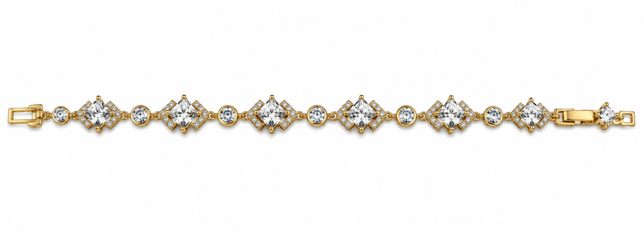 Bhavmayi golden link bracelet with curved embellished motifs, geometric clear accents and a visible clasp