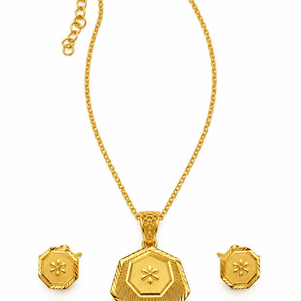 Bhavmayi Golden Octagonal Floral Pendant Necklace & Earrings Set - bhavmayi