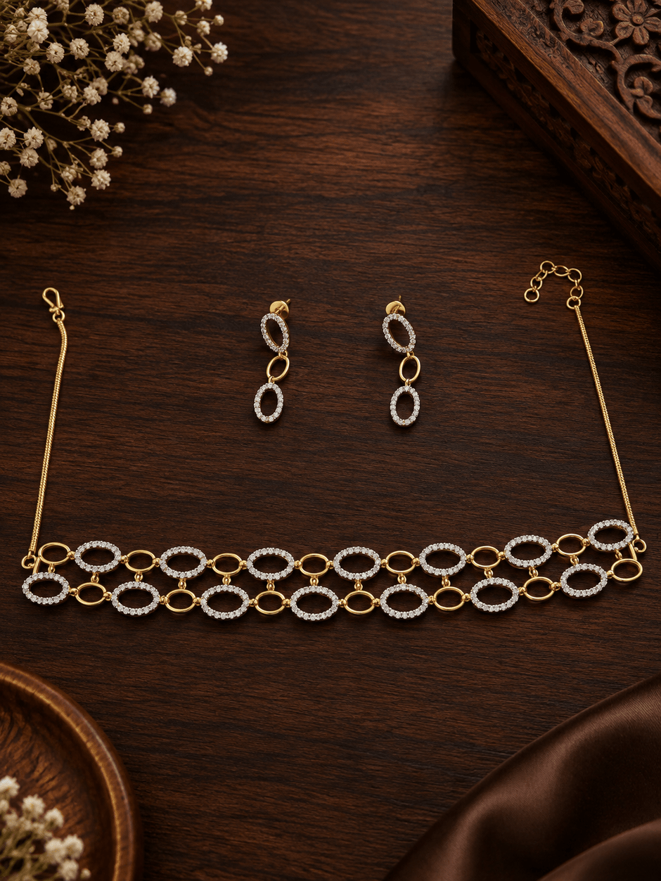 Bhavmayi Golden Oval Crystal Necklace & Earrings Set - bhavmayi