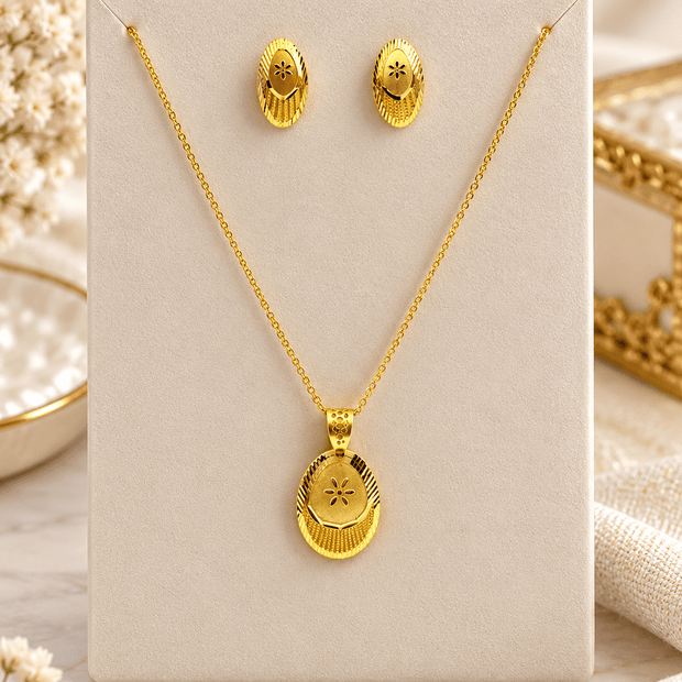 Bhavmayi Golden Oval Floral Pendant Necklace & Stud Earrings Set - bhavmayi