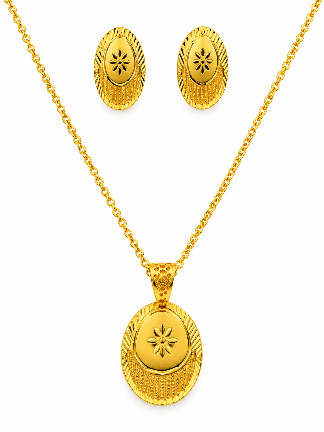 Bhavmayi Golden Oval Floral Pendant Necklace & Stud Earrings Set - bhavmayi