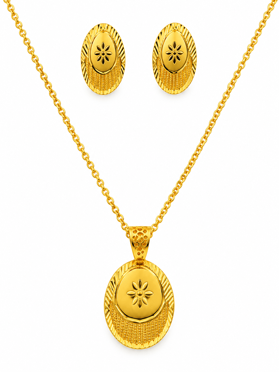 Bhavmayi Golden Oval Floral Pendant Necklace & Stud Earrings Set - bhavmayi