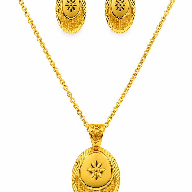 Bhavmayi Golden Oval Floral Pendant Necklace & Stud Earrings Set - bhavmayi