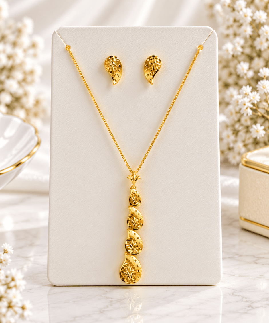 Bhavmayi Golden Paisley Pendant Necklace & Earring Set - bhavmayi