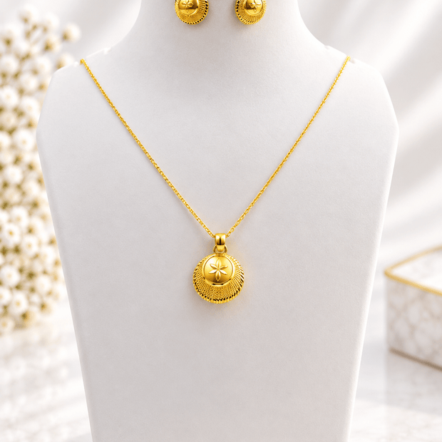 Bhavmayi Golden Round Floral Pendant Necklace & Stud Earrings Set - bhavmayi