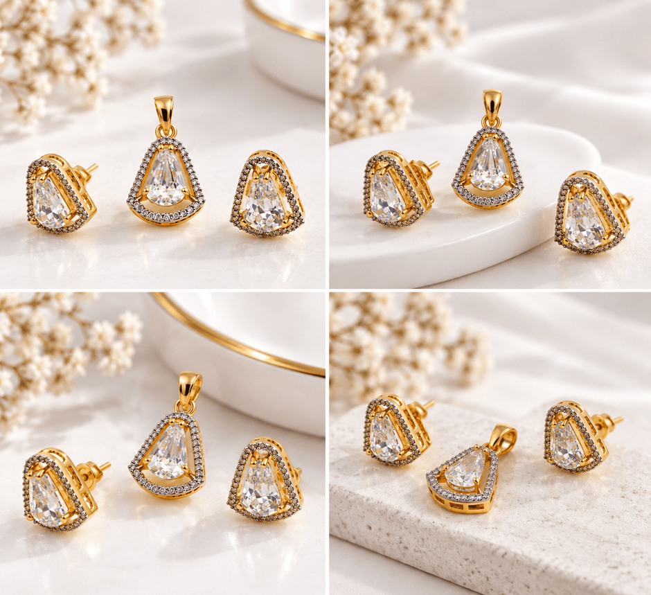 Bhavmayi Golden Teardrop Crystal Pendant & Stud Earrings Set - bhavmayi
