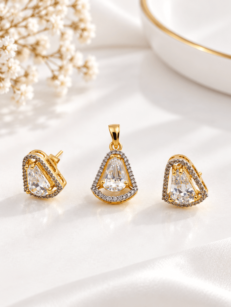 Bhavmayi Golden Teardrop Crystal Pendant & Stud Earrings Set - bhavmayi