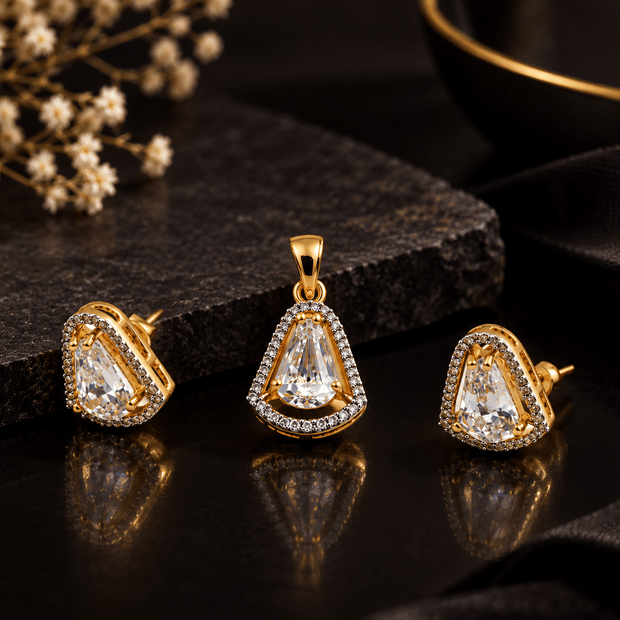 Bhavmayi Golden Teardrop Crystal Pendant & Stud Earrings Set - bhavmayi