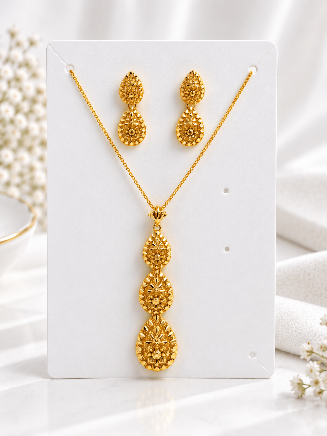 Bhavmayi Golden Teardrop Floral Pendant Necklace Set - bhavmayi