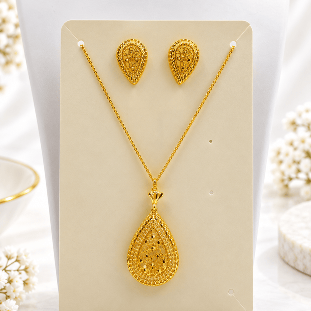 Bhavmayi Golden Teardrop Pendant Necklace & Earrings Set - bhavmayi