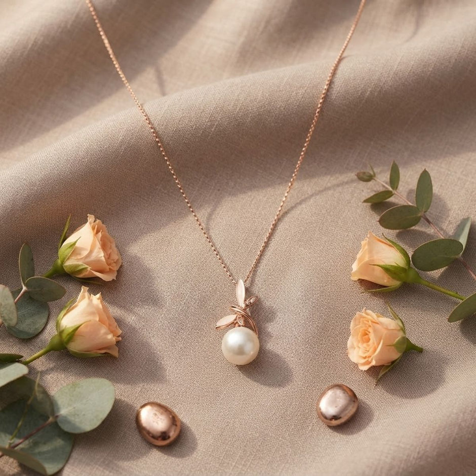Bhavmayi Graceful Rose Gold Dragonfly & Lustrous Pearl Pendant Set with Earrings. - bhavmayi