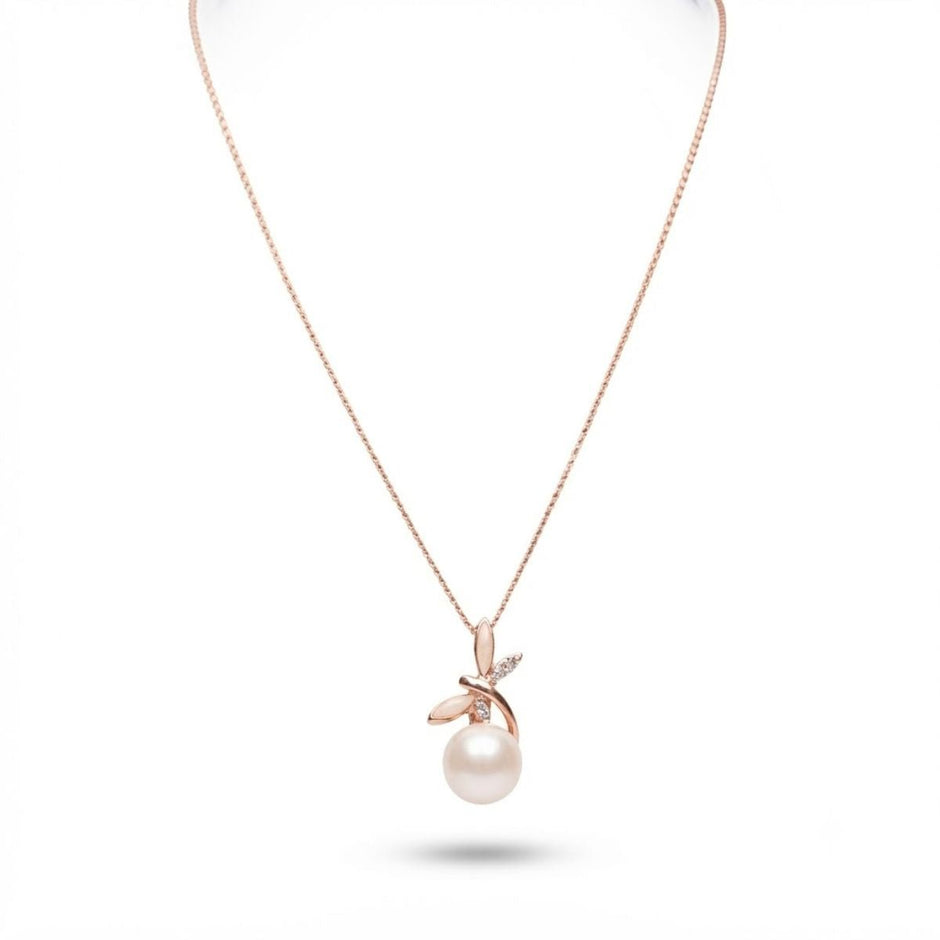 Bhavmayi Graceful Rose Gold Dragonfly & Lustrous Pearl Pendant Set with Earrings. - bhavmayi