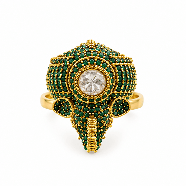 Bhavmayi green beaded statement ring with round clear centre and intricate gold-tone detailing - bhavmayi