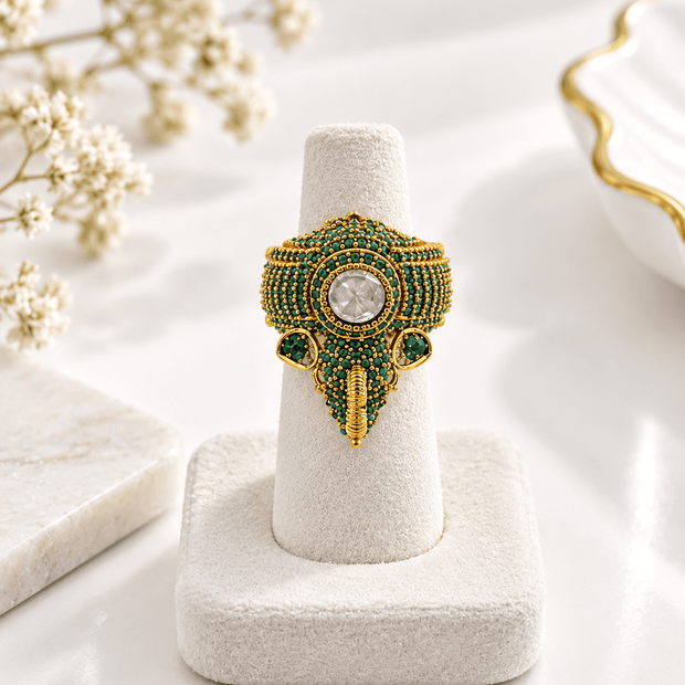Bhavmayi green beaded statement ring with round clear centre and intricate gold-tone detailing - bhavmayi