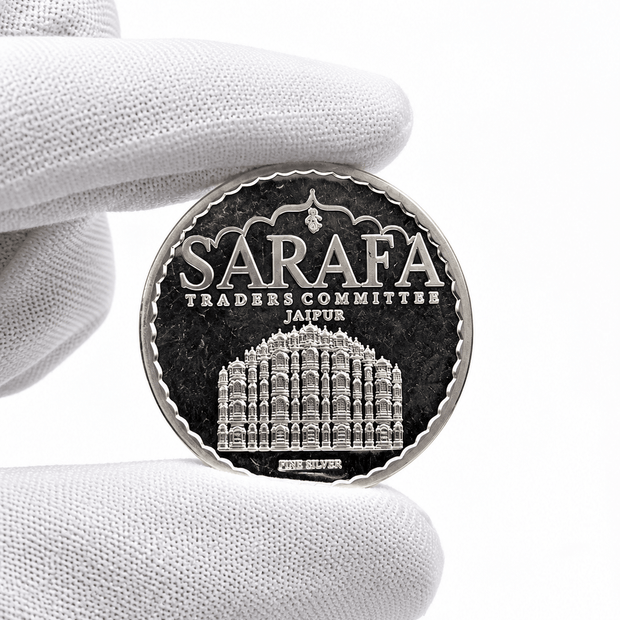 999 fine silver coin featuring Jaipur Hawa Mahal architecture and Hindu deity designs by Bhavmayi