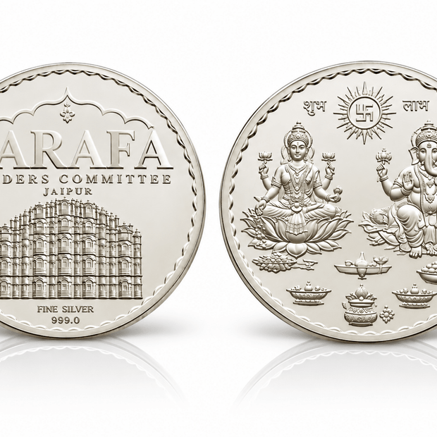 999 fine silver coin featuring Jaipur Hawa Mahal architecture and Hindu deity designs by Bhavmayi