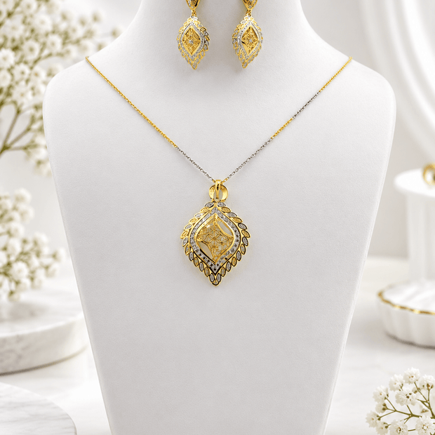 Bhavmayi Leaf-Frame Two-Tone Pendant Necklace & Earring Set - bhavmayi