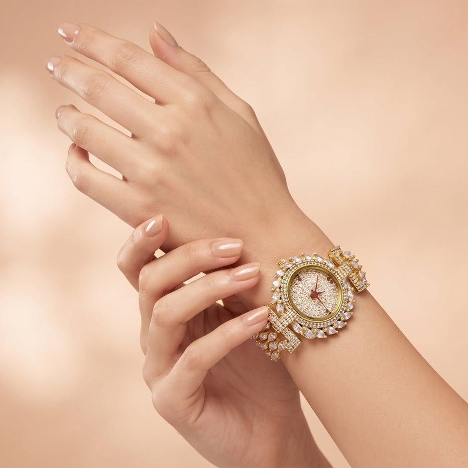 Bhavmayi Luxurious Gold Crystal Pave Bracelet Style Watch for Women with Full Stone Dial and Vibrant Red Hands - bhavmayi
