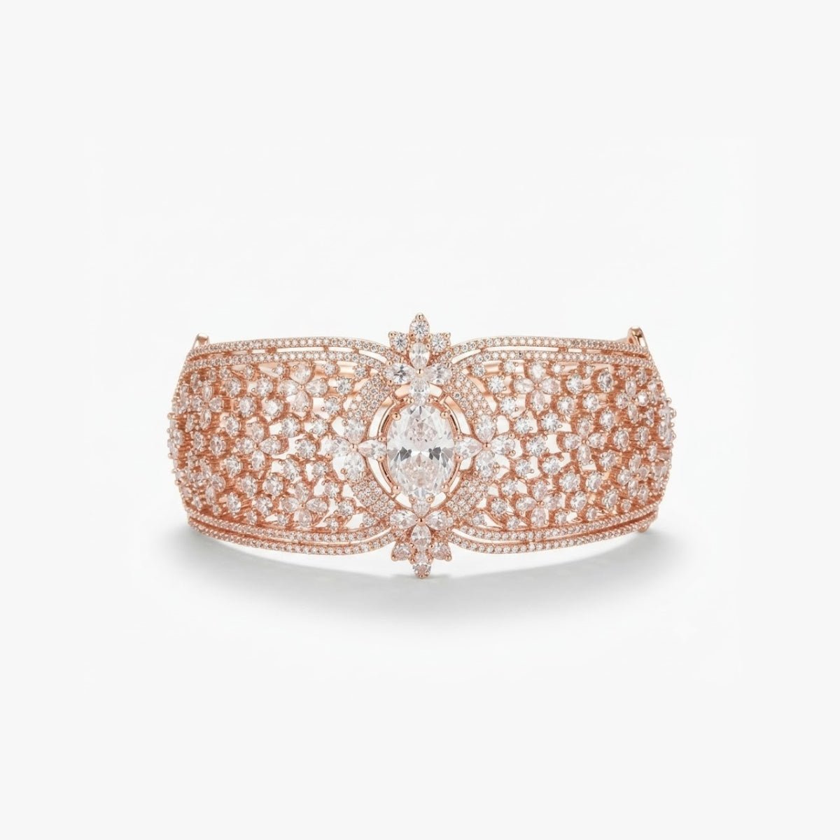 Bhavmayi Luxurious Rose Gold Oval Solitaire Cubic Zirconia Accent Statement Cuff Bracelet with Floral Lattice Pave - bhavmayi