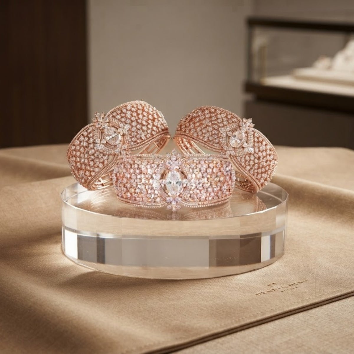 Bhavmayi Luxurious Rose Gold Oval Solitaire Cubic Zirconia Accent Statement Cuff Bracelet with Floral Lattice Pave - bhavmayi