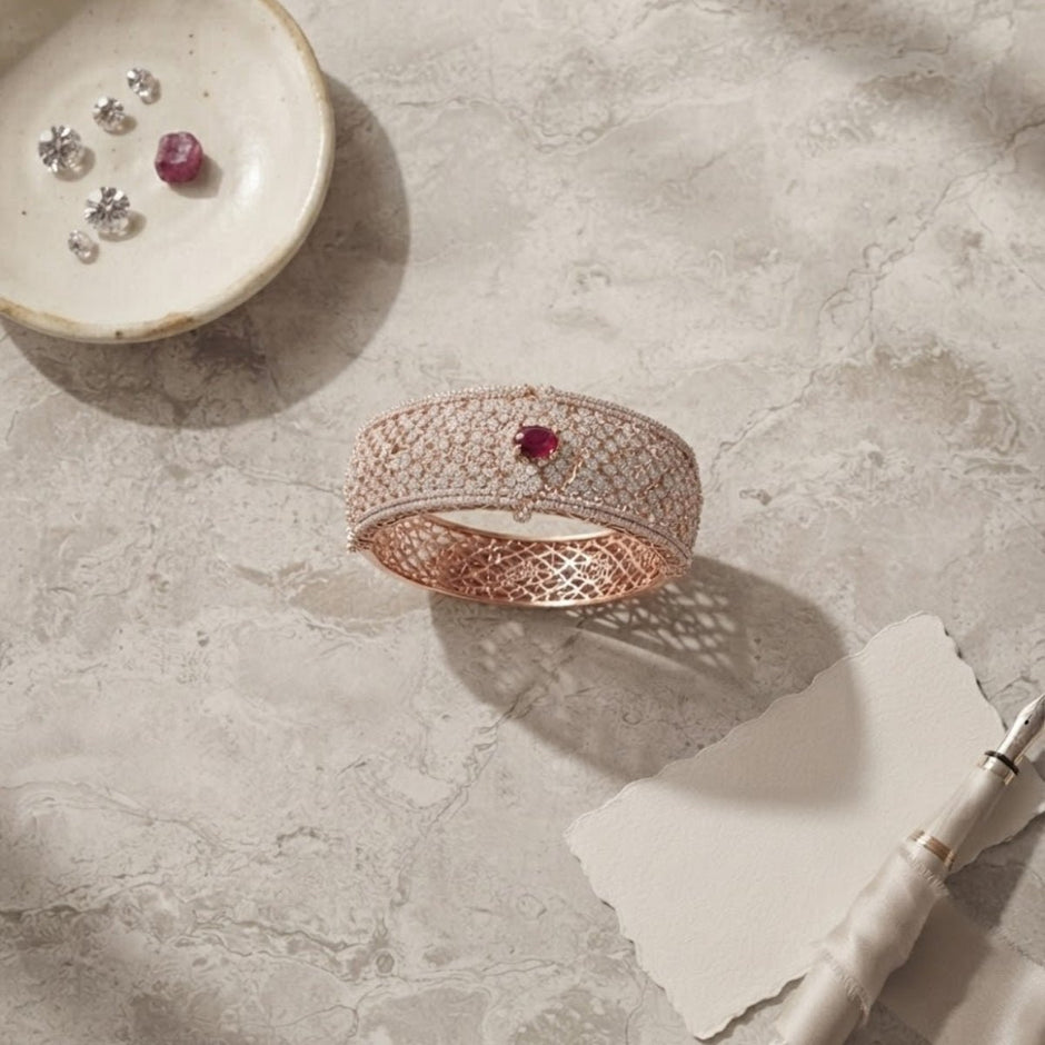Bhavmayi Luxurious Rose Gold Oval Solitaire Cubic Zirconia Accent Statement Cuff Bracelet with Floral Lattice Pave - bhavmayi