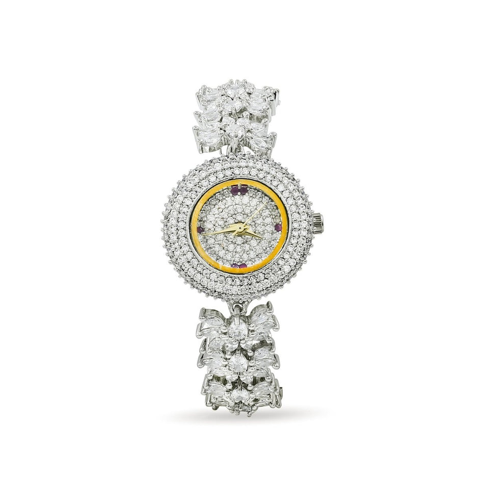 Bhavmayi Luxurious Silver Crystal Pave Bracelet Style Watch for Women with Full Stone Dial and Vibrant Red Hands - bhavmayi