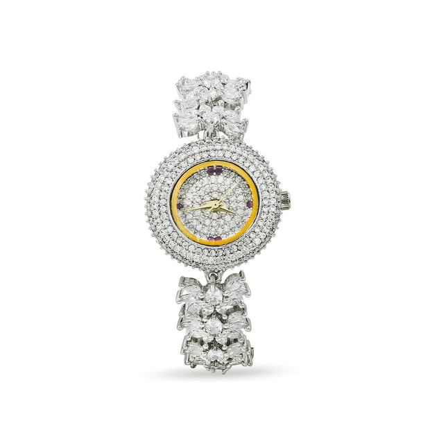 Bhavmayi Luxurious Silver Crystal Pave Bracelet Style Watch for Women with Full Stone Dial and Vibrant Red Hands - bhavmayi