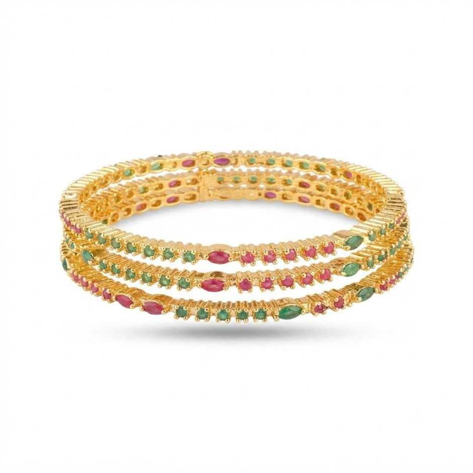 Bhavmayi Multi-Color Ruby Red & Emerald Green Stone-Studded Gold Finish Bangle Set - bhavmayi