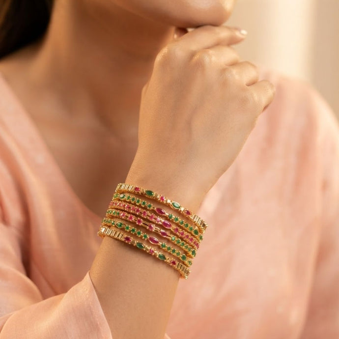 Bhavmayi Multi-Color Ruby Red & Emerald Green Stone-Studded Gold Finish Bangle Set - bhavmayi