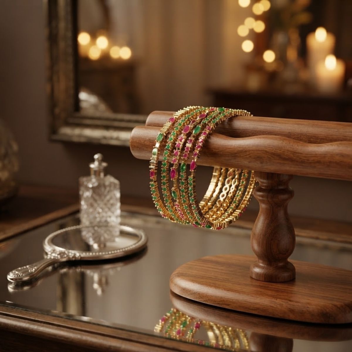 Bhavmayi Multi-Color Ruby Red & Emerald Green Stone-Studded Gold Finish Bangle Set - bhavmayi
