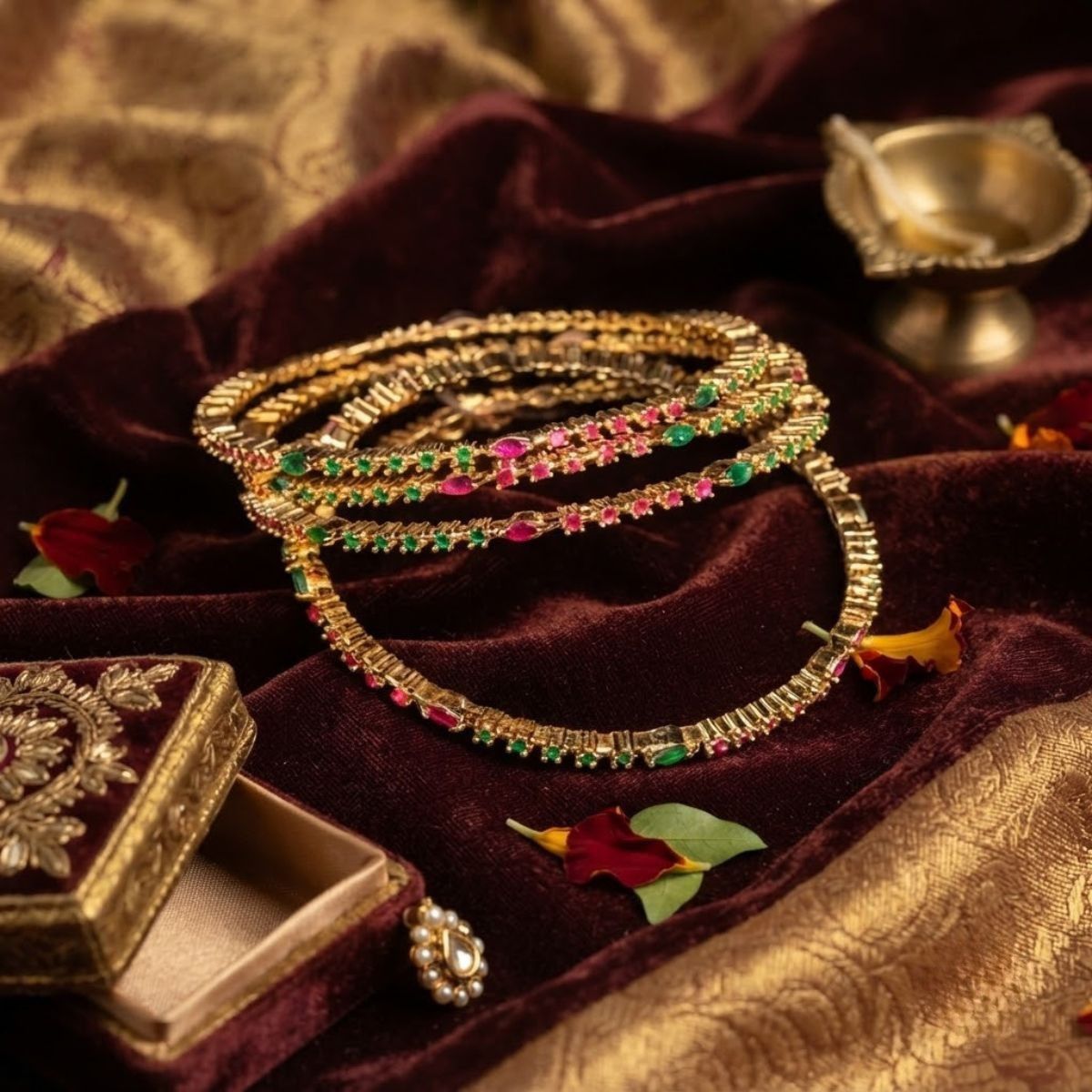 Bhavmayi Multi-Color Ruby Red & Emerald Green Stone-Studded Gold Finish Bangle Set - bhavmayi