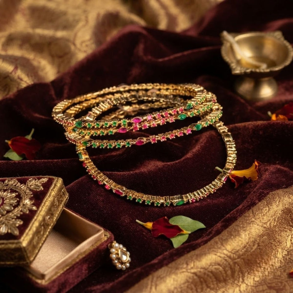 Bhavmayi Multi-Color Ruby Red & Emerald Green Stone-Studded Gold Finish Bangle Set - bhavmayi