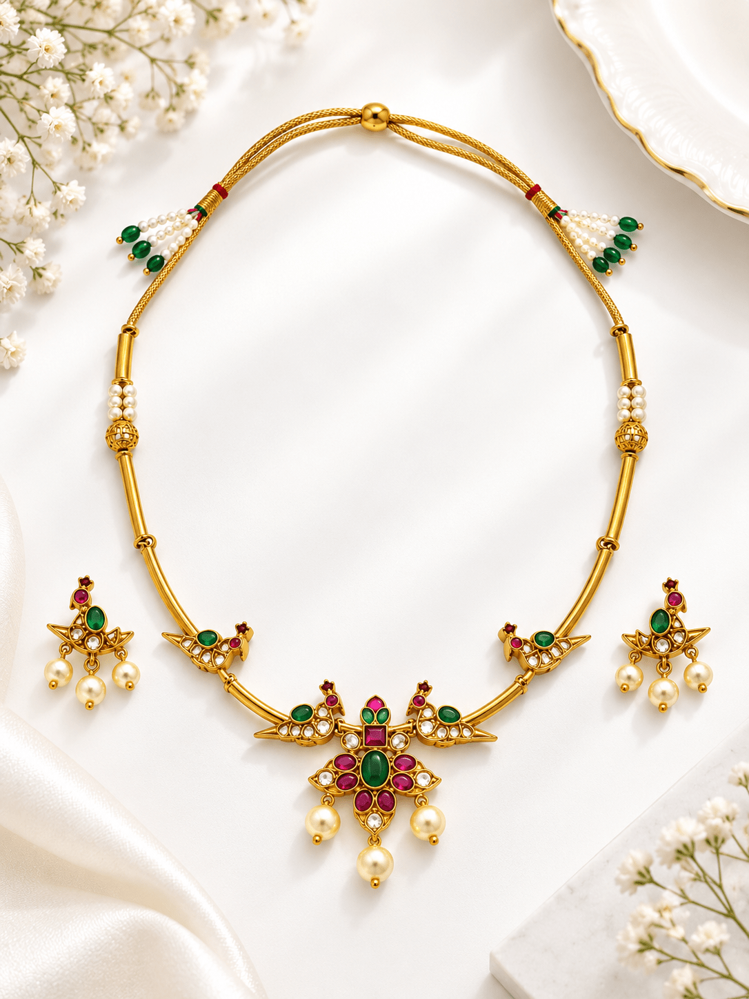Bhavmayi Multicolour Floral Pearl Pendant Necklace Set - bhavmayi