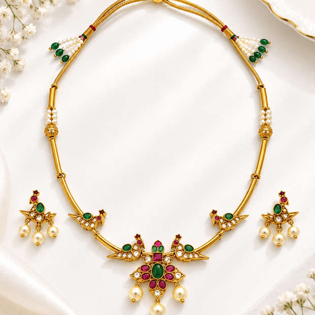 Bhavmayi Multicolour Floral Pearl Pendant Necklace Set - bhavmayi
