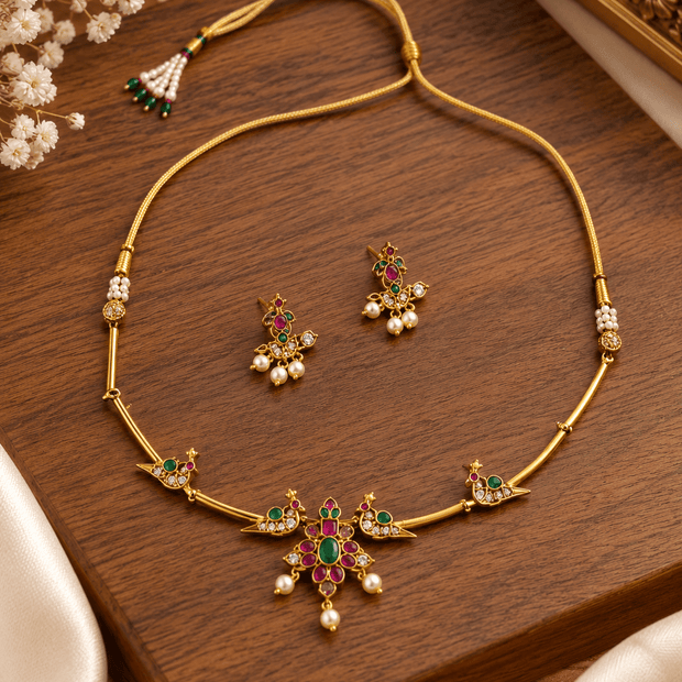 Bhavmayi Multicolour Floral Pearl Pendant Necklace Set - bhavmayi