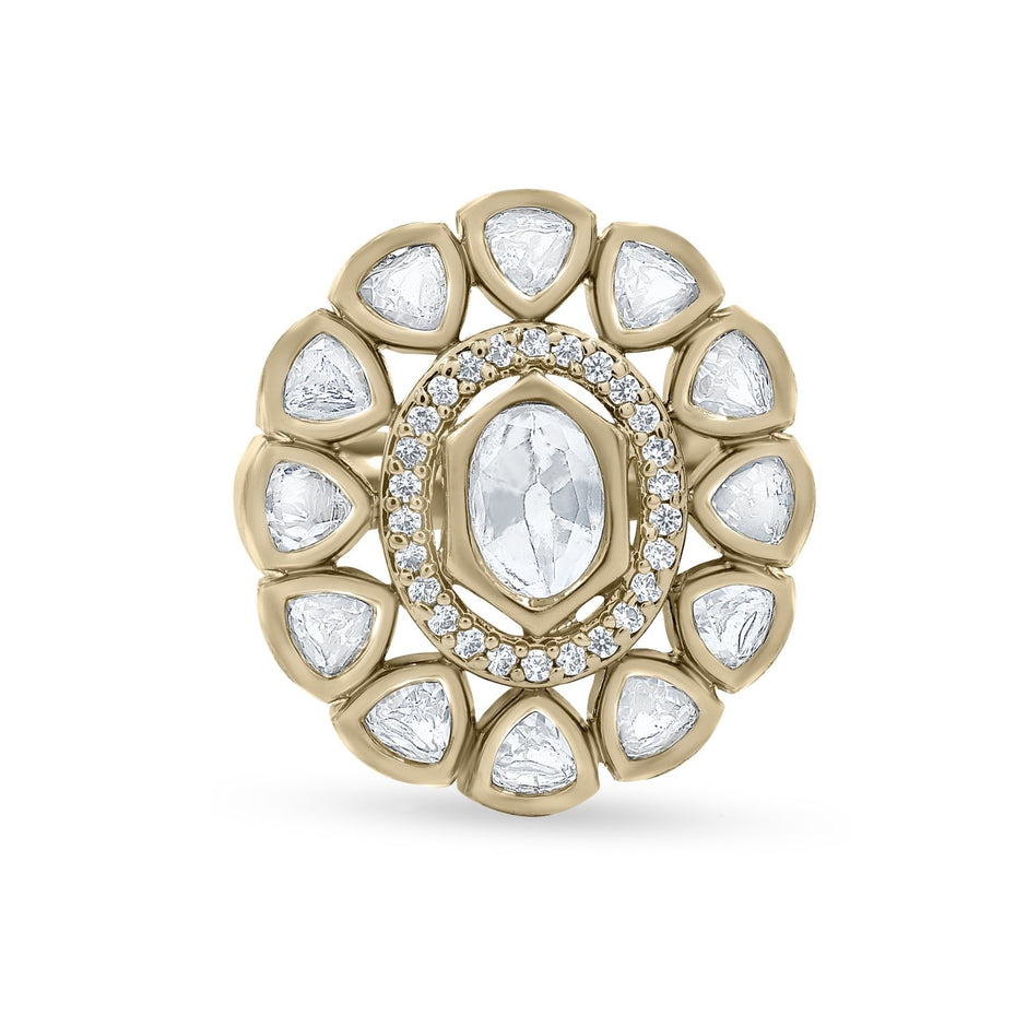 Bhavmayi Oval Zircon Vintage Shield Polki-Diamond Gold Finish Ring with Pave and Trillion Motif Halo - bhavmayi