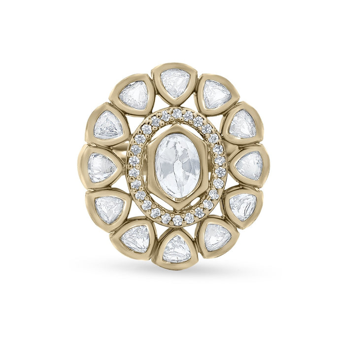Bhavmayi Oval Zircon Vintage Shield Polki-Diamond Gold Finish Ring with Pave and Trillion Motif Halo - bhavmayi