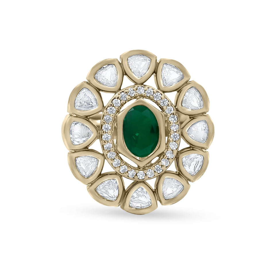 Bhavmayi Oval Zircon Vintage Shield Polki-Diamond Gold Finish Ring with Pave and Trillion Motif Halo - bhavmayi