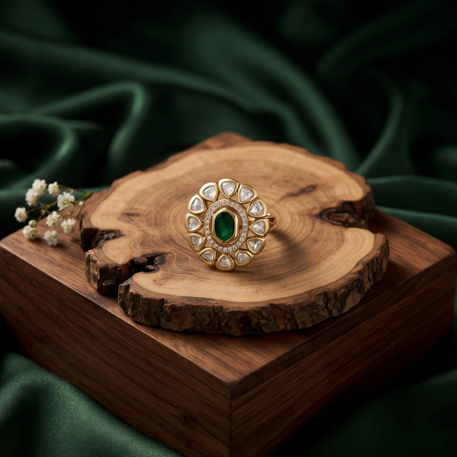 Bhavmayi Oval Zircon Vintage Shield Polki-Diamond Gold Finish Ring with Pave and Trillion Motif Halo - bhavmayi