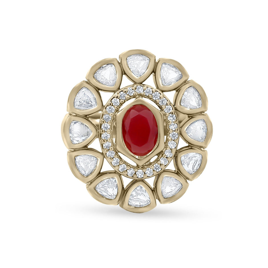 Bhavmayi Oval Zircon Vintage Shield Polki-Diamond Gold Finish Ring with Pave and Trillion Motif Halo - bhavmayi