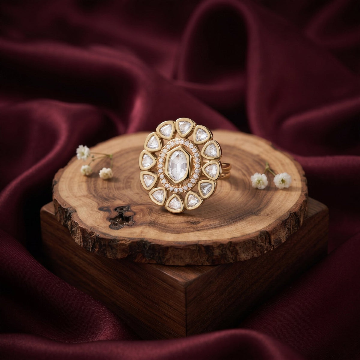 Bhavmayi Oval Zircon Vintage Shield Polki-Diamond Gold Finish Ring with Pave and Trillion Motif Halo - bhavmayi