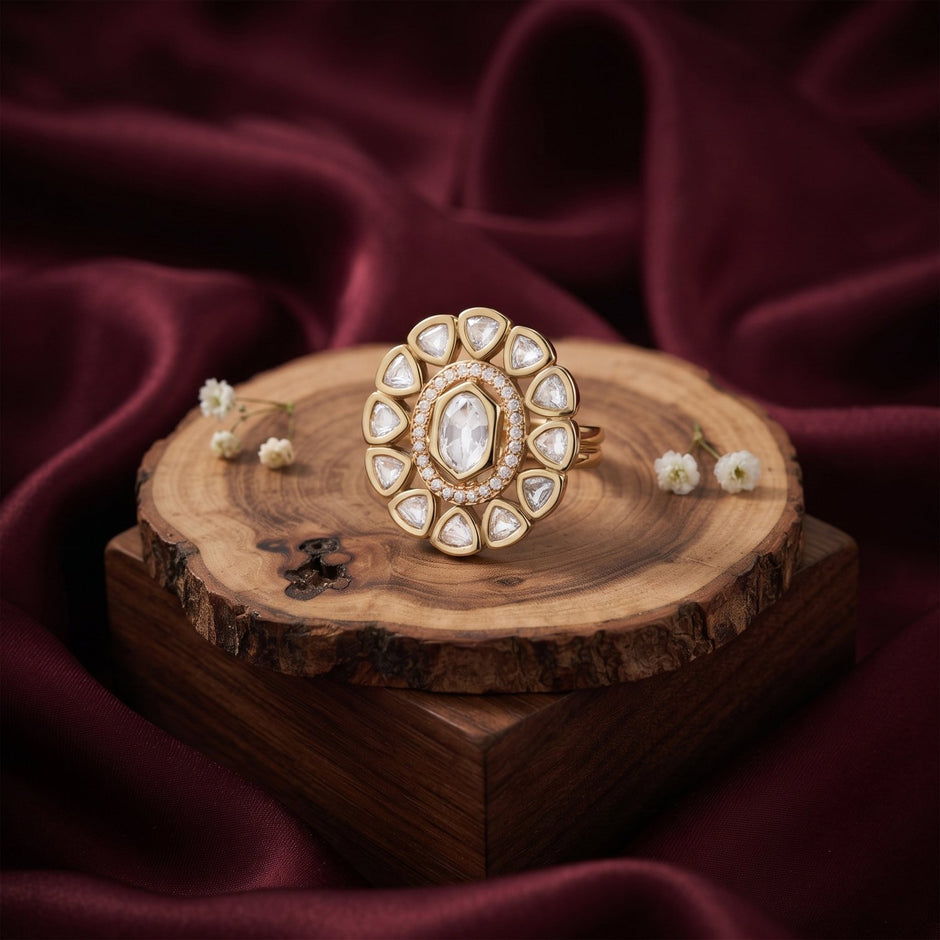 Bhavmayi Oval Zircon Vintage Shield Polki-Diamond Gold Finish Ring with Pave and Trillion Motif Halo - bhavmayi