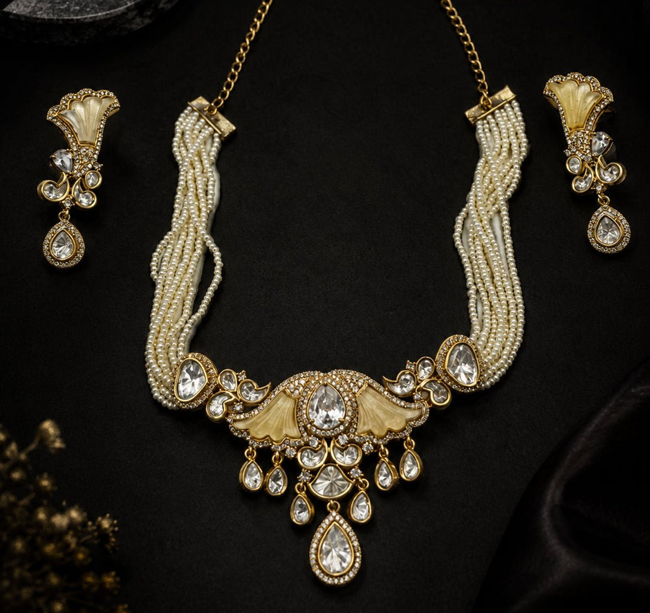 Bhavmayi Pearl & Crystal Gold-Tone Necklace Set - bhavmayi