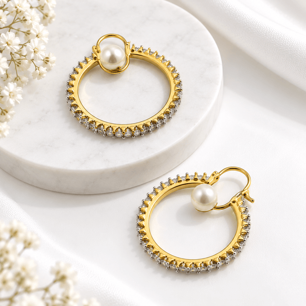 Bhavmayi Pearl Hoop Earrings with Dual-Tone Beaded Detailing - bhavmayi
