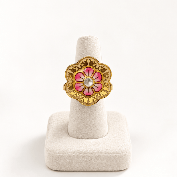 Bhavmayi Pink Floral Gold-Tone Statement Ring - bhavmayi